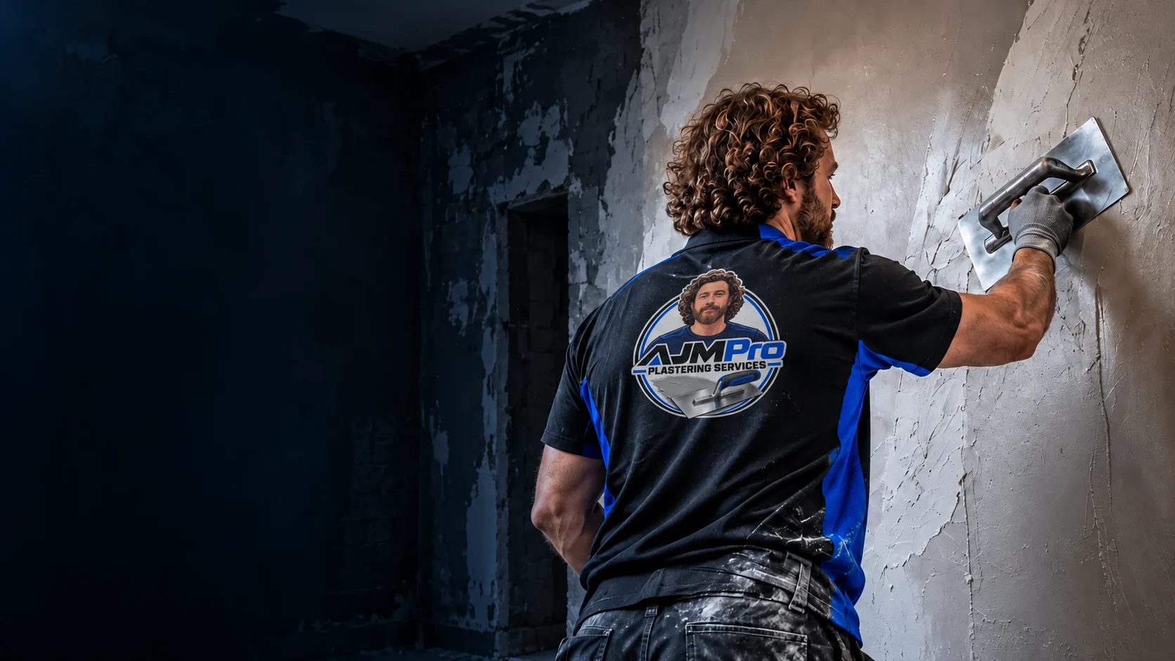 AJM Pro plasterer wearing branded workwear and holding a trowel against a wall